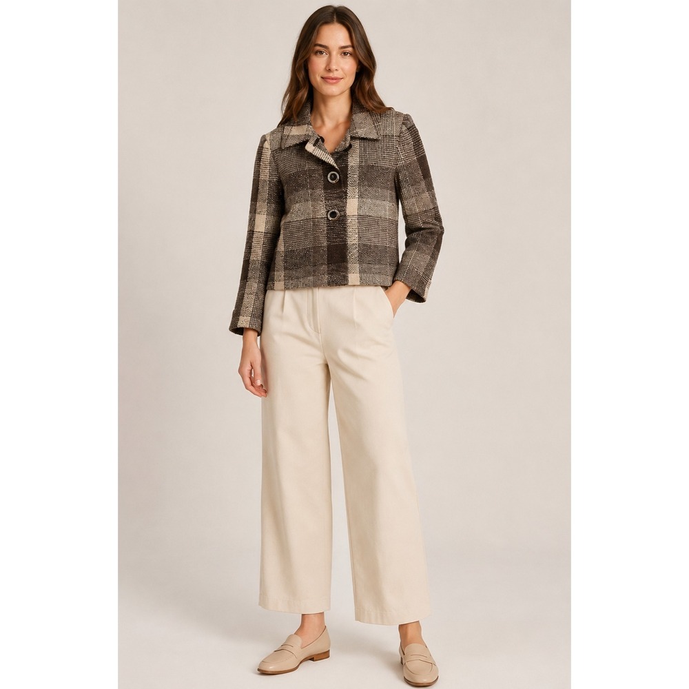 Tahari ASL Blazer Womens 4 Brown Plaid Polyester Wool Blend Chunky Button Lined